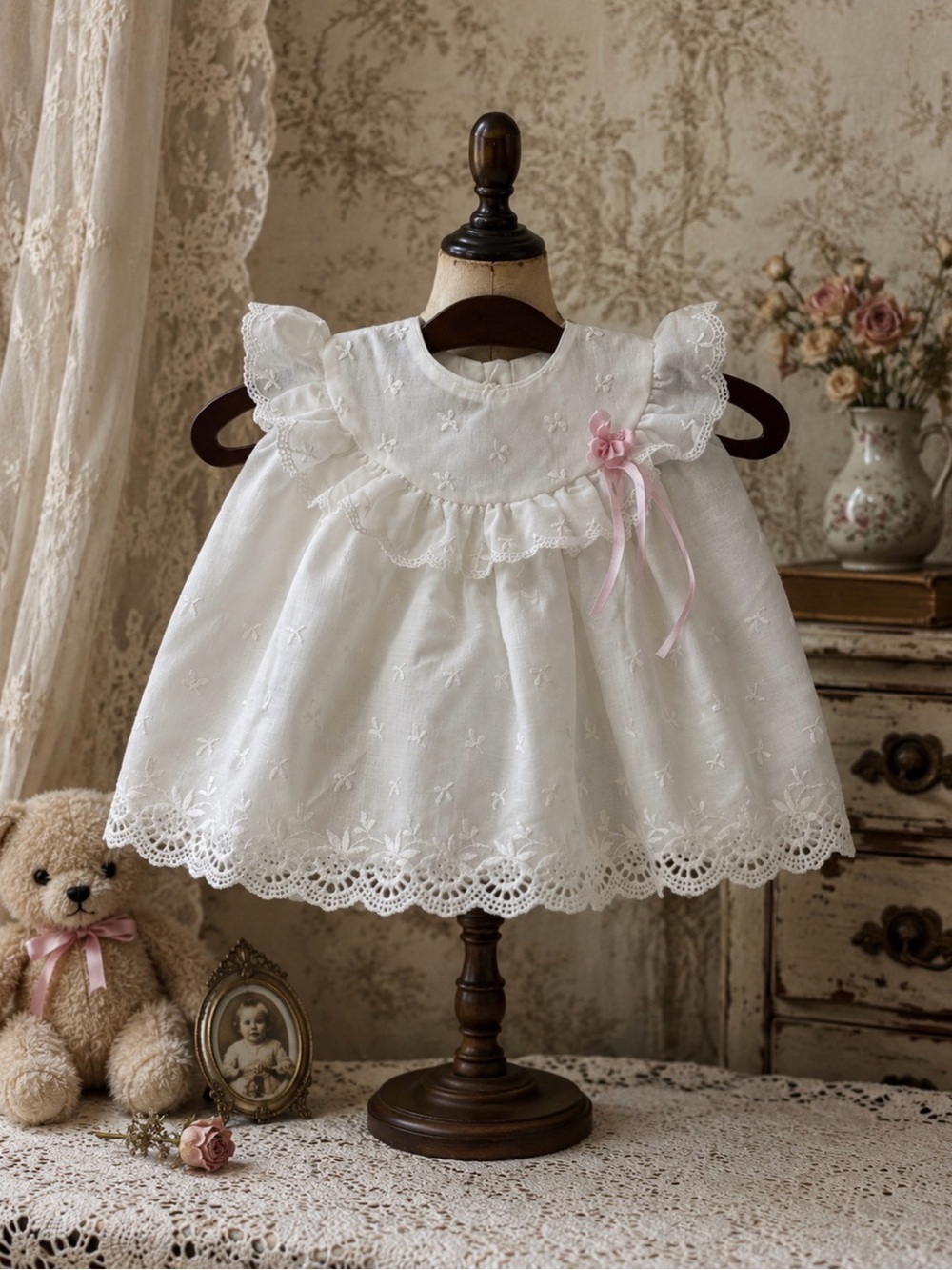 Alexis vintage White dress with Pink Floral Accent size 3 months made in the USA